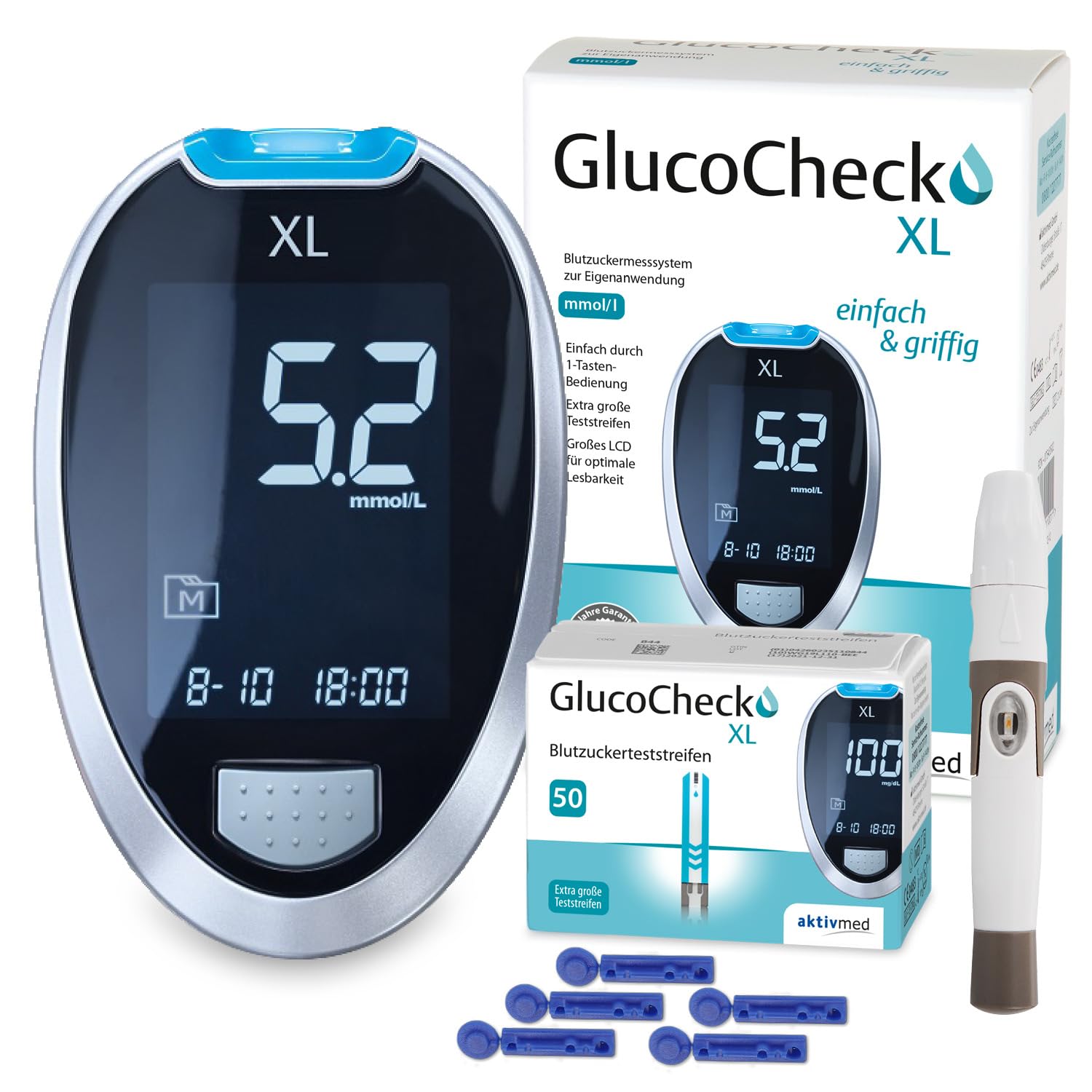 GlucoCheck XL Blutzuckermess-System – mmol/l, mit 60 Streifen
