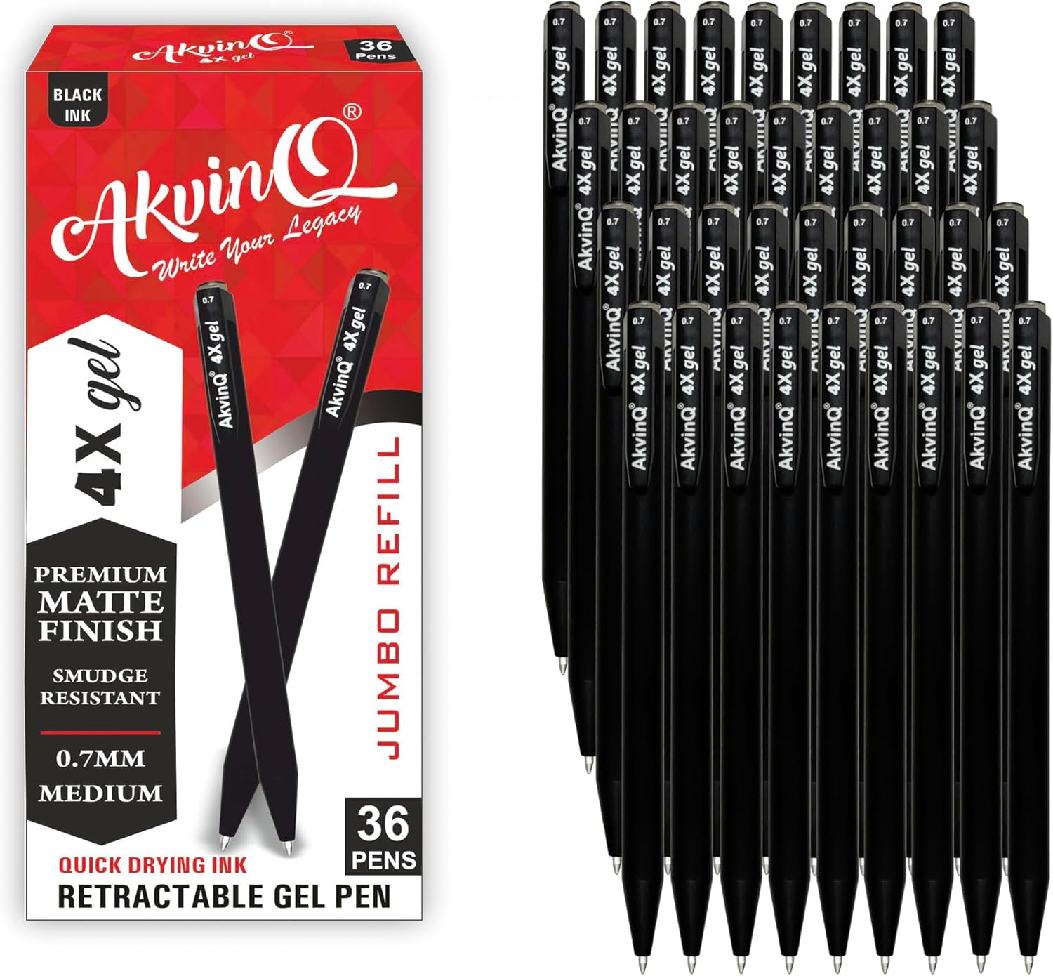 AKVINQ® 4X Gel Retractable Gel Pen | 0.7mm Medium Point | Black Gel Ink Pens | Pack of 36 Pens | Premium Matte Finish | Jumbo Refill | Bulk Pack for Journaling, Writing, Note-Taking, Office Supplies