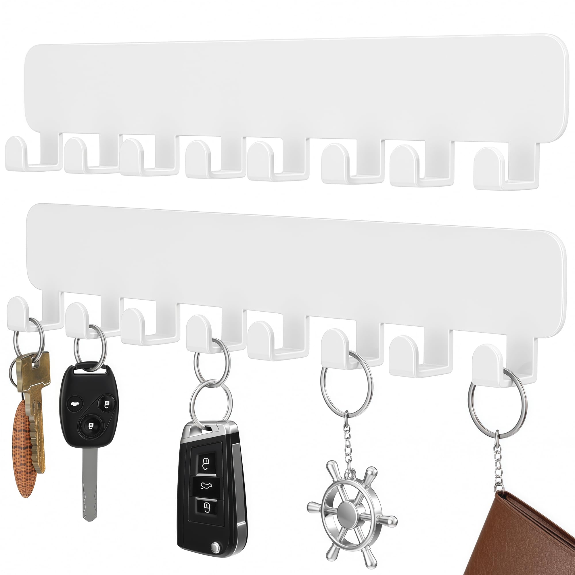 pickpiff White Key Holder for Wall Adhesive, Key Hooks with 8 Hooks Wall Mounted, Black Key Hangers for Wall Decor No Drill for Living Room, Kitchen, Office (2 Pack)