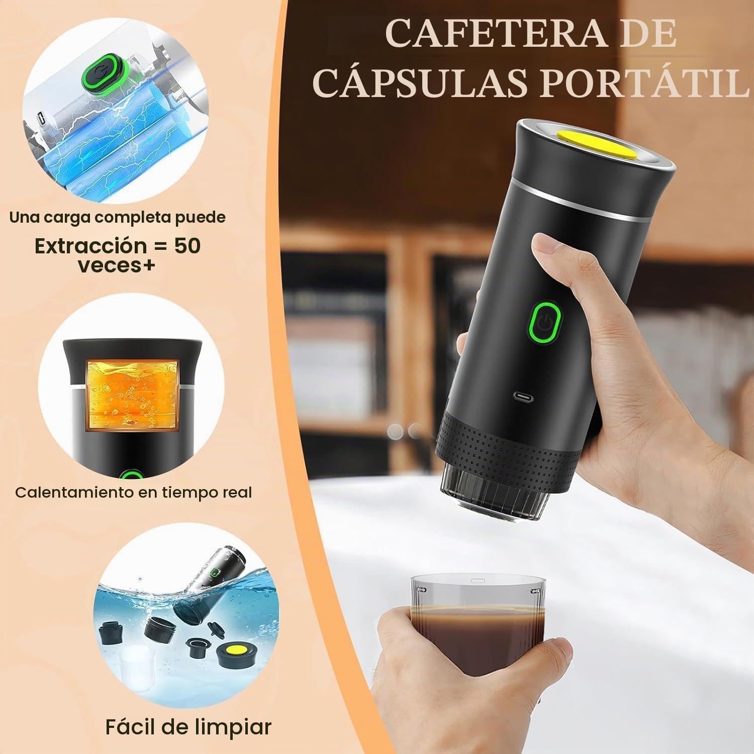 Máquina de café expreso portátil, autocalentamiento de 4 a 6 minutos, cafetera portátil 3 en 1, carga de tiempo lento, 50 cápsulas, para una pequeña