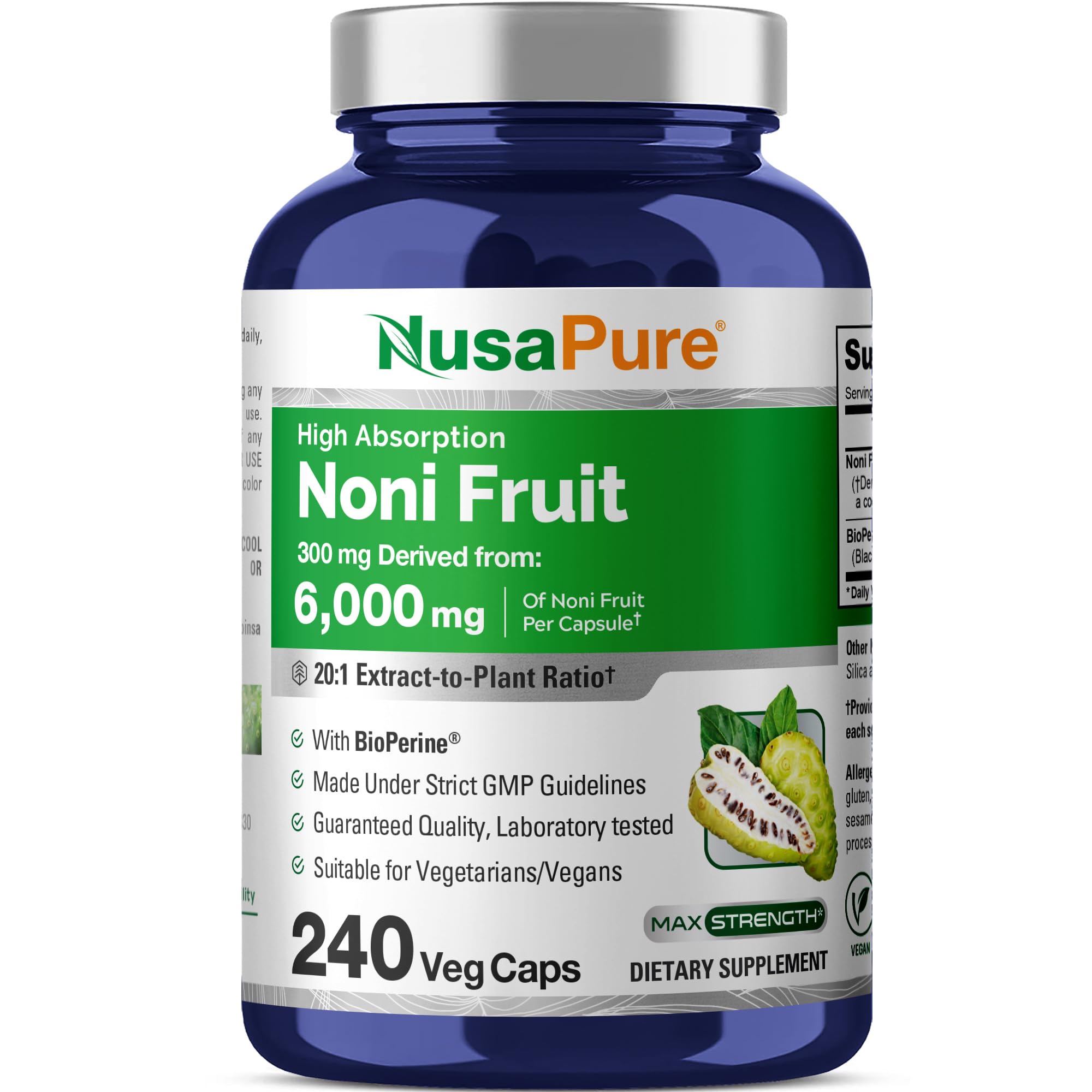 NusaPure Noni Fruit 20:1 Extract, 300 mg Equivalent to 6,000 mg 200 Capsules Suitable for Vegetarian/Vegan, Non-GMO