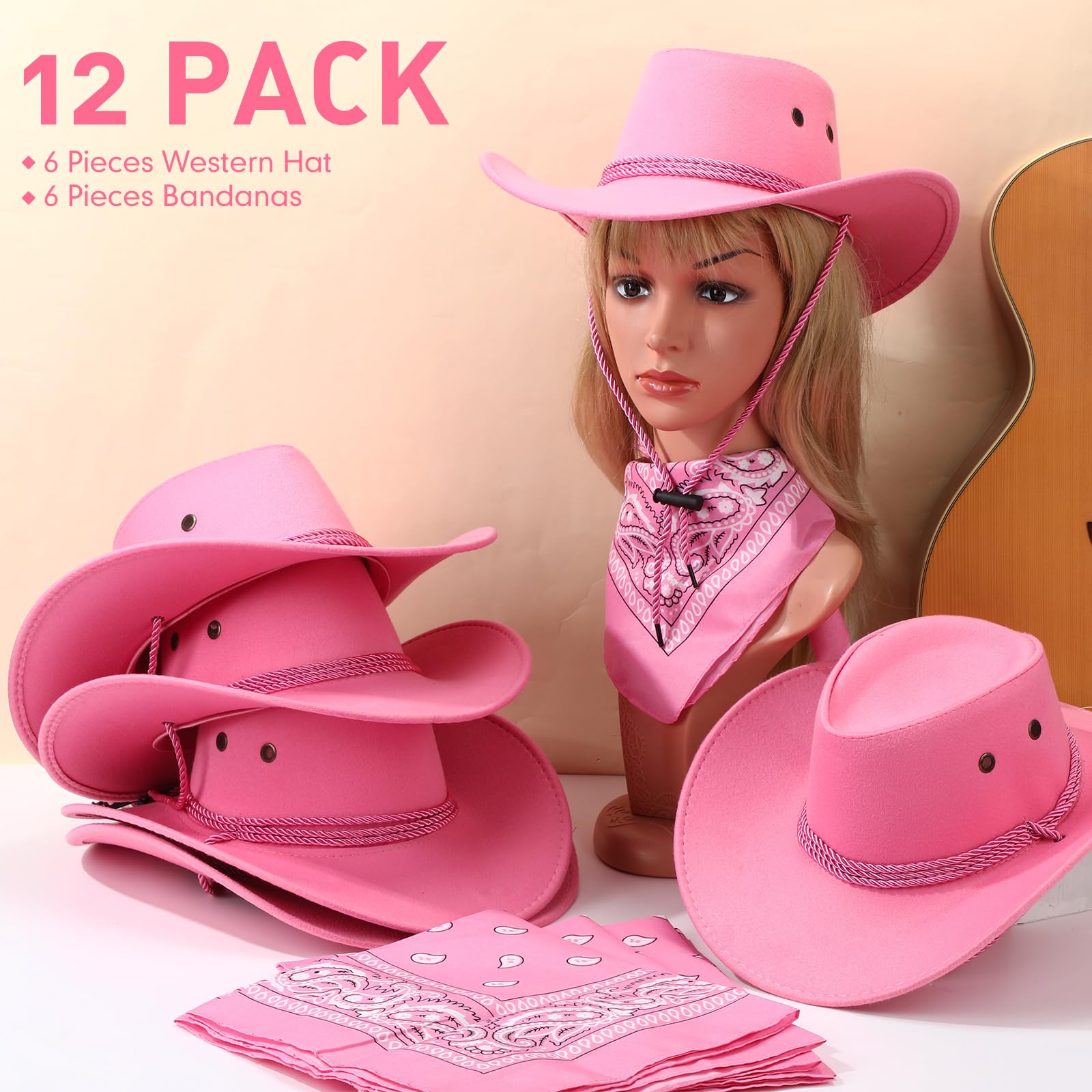 Zhanmai 12 Pcs Cowboy Hat and Bandana Cowboy Cowgirl Hats Bulk Western Party Costume Halloween Accessory (Polyester,Pink)