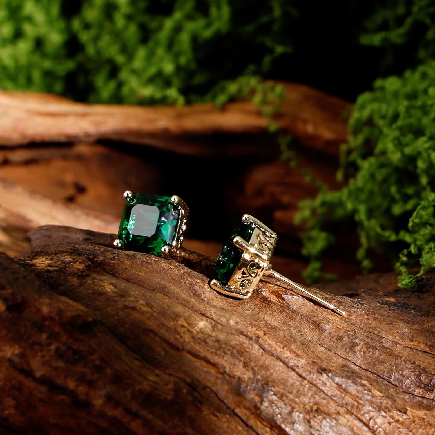 Gold Princess Cut Emerald Stud Earrings for Women - Hypoallergenic Vintage Gemstone Earrings - Image 6