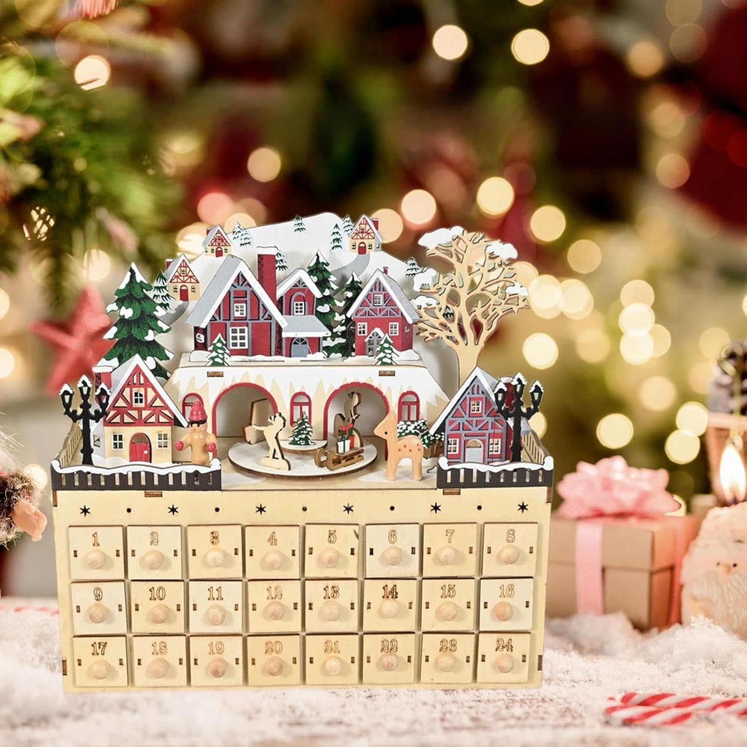 Wooden Advent Calendar with 24 Drawers, Hand-Carved Christmas Countdown Calendar for Holiday Tradition, Tabletop Mantel Office Decoration for Candies & Mini Gifts