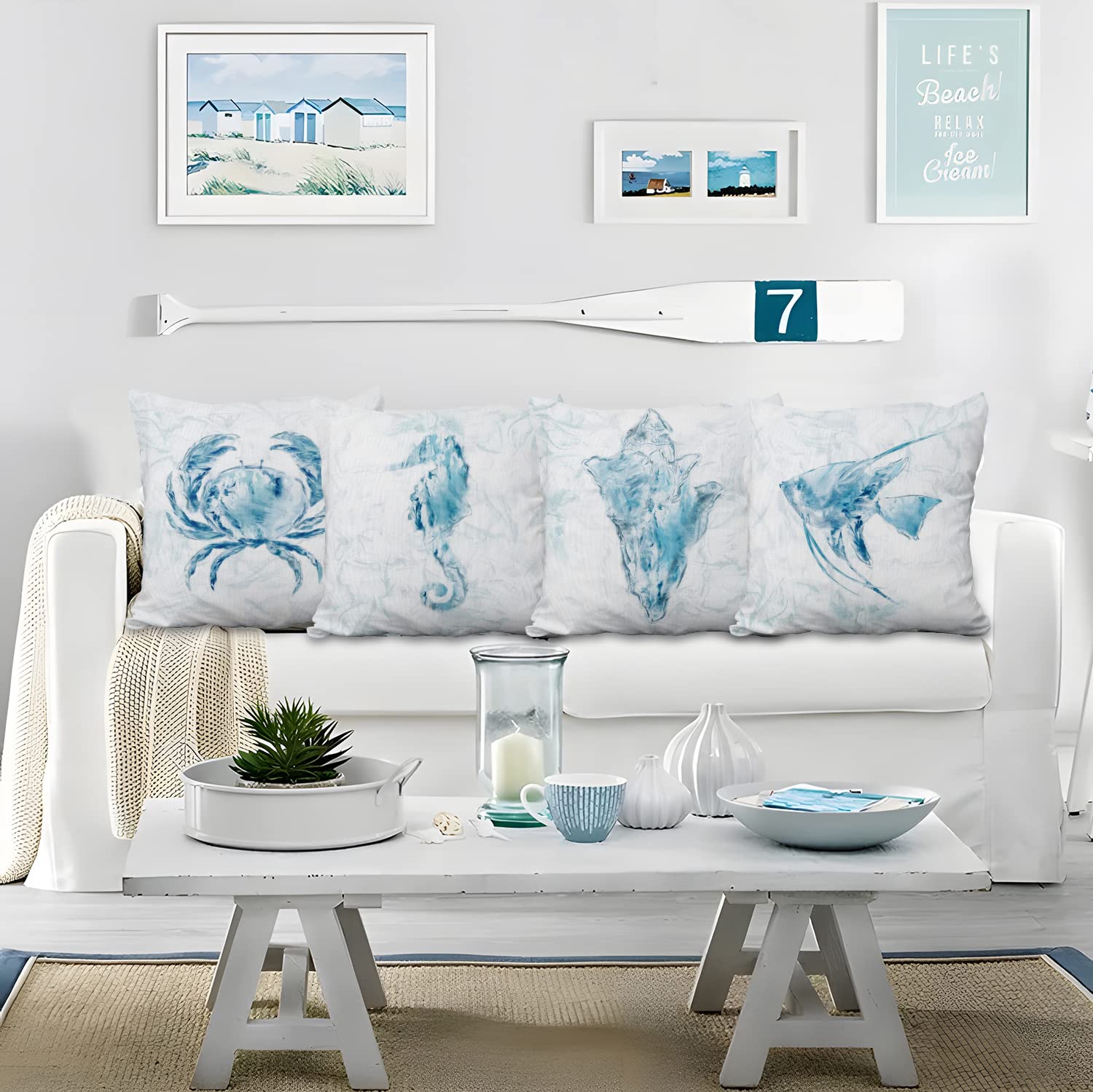 Federe Cuscini Tema Mare - Set Da 4, 41x41 Cm, Lino Con Stampa Tartarughe E Conchiglie - Foto 2