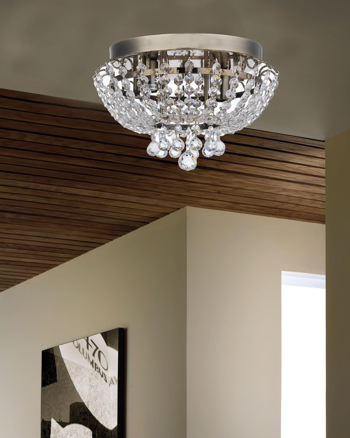 Royal Designs Flush Mount Ceiling Light, Antique Brass Finish, 2 Lights, Round Bijou Crystal Chandelier