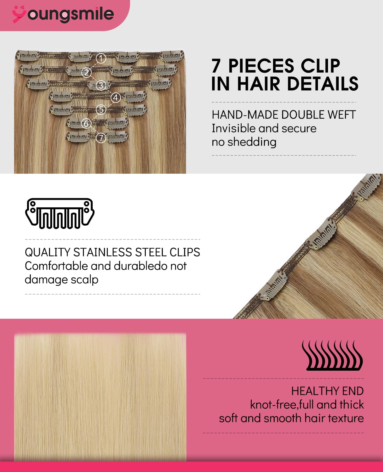 Youngsmile Human Hair Clip in Extensions, Human Hair Extensions Clip in For Women,#10/27/27 Color Golden Blonde with Bleach Blonde 20 Inch 160g 7PCS Double Drawn (7C#10/27/27-20inch)