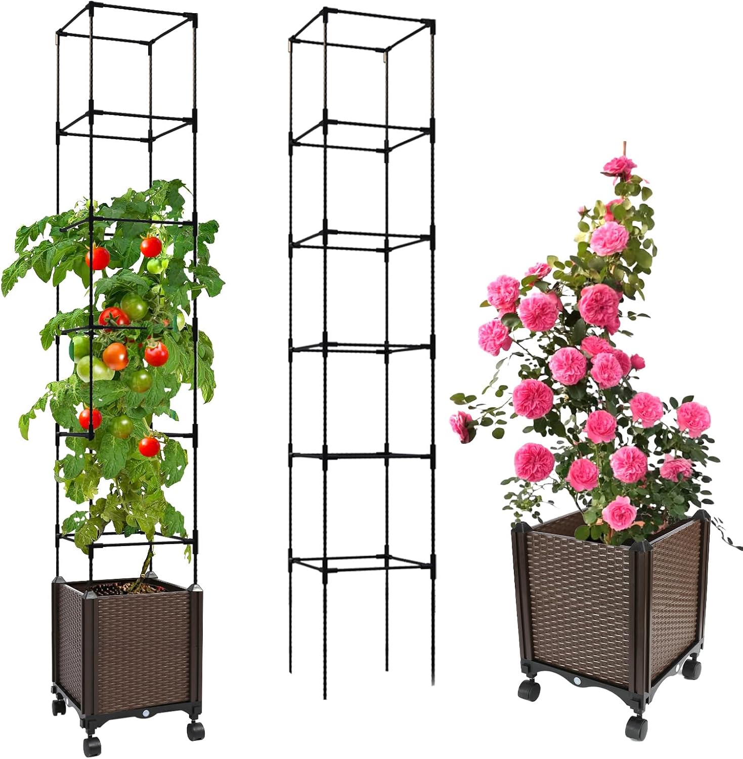Jayhalo 71inch Planter Boxes Outdoor, 3-in-1 Planter Box with Trellis with Wheels for Growing Vegetables, 6 Layer Tomato Cage with Tomato Planters, Self Watering for Indoor Outdoor Use