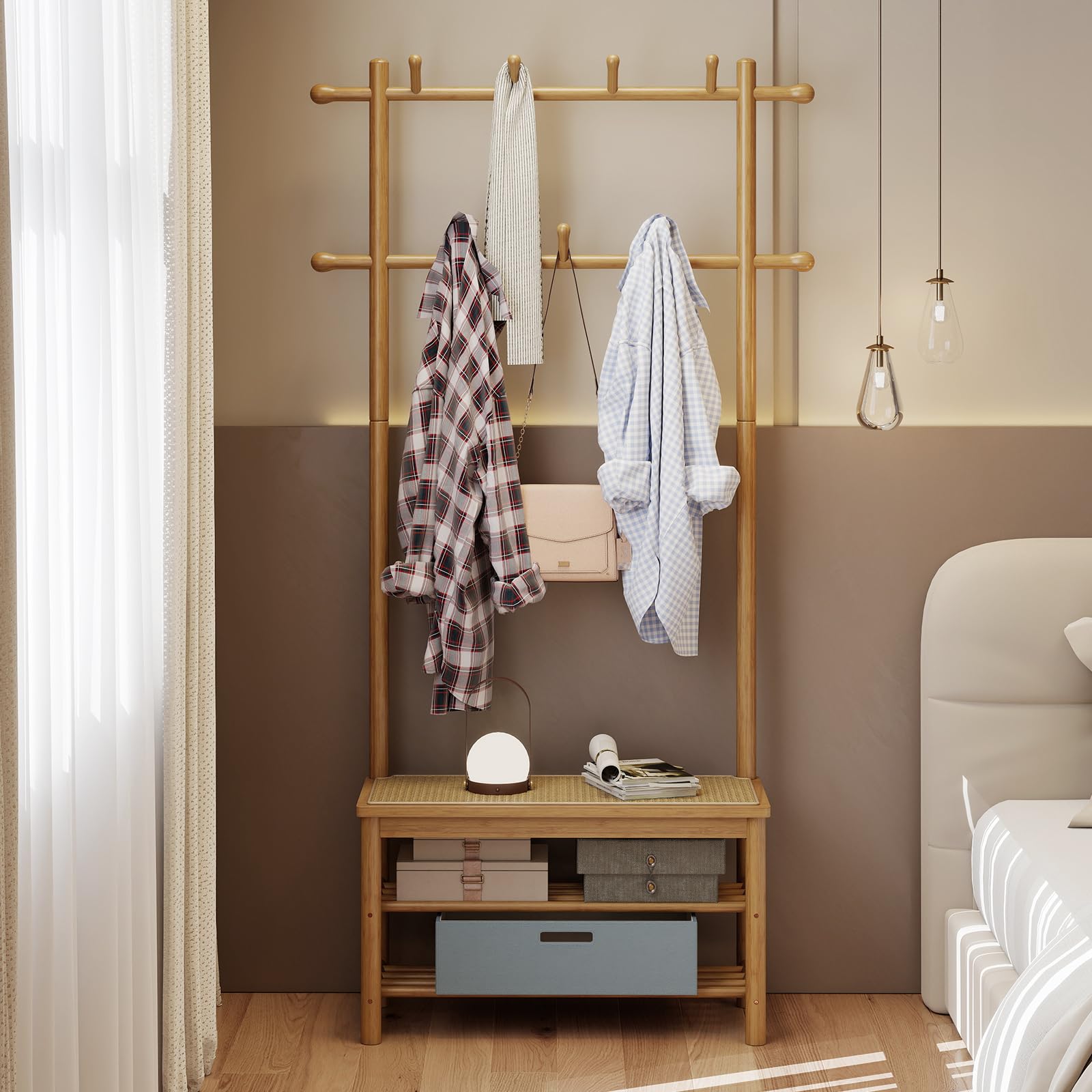 RELAX4LIFE 3 in 1 Attaccapanni con Scaffale per Scarpe, Mobile Ingresso in Bambù e Rattan PE con Panca, 2 Barre Appendiabiti, 11 Ganci e 2 Ripiani, per Corridoio, Camera, 71x30x169,5cm (Naturale)
