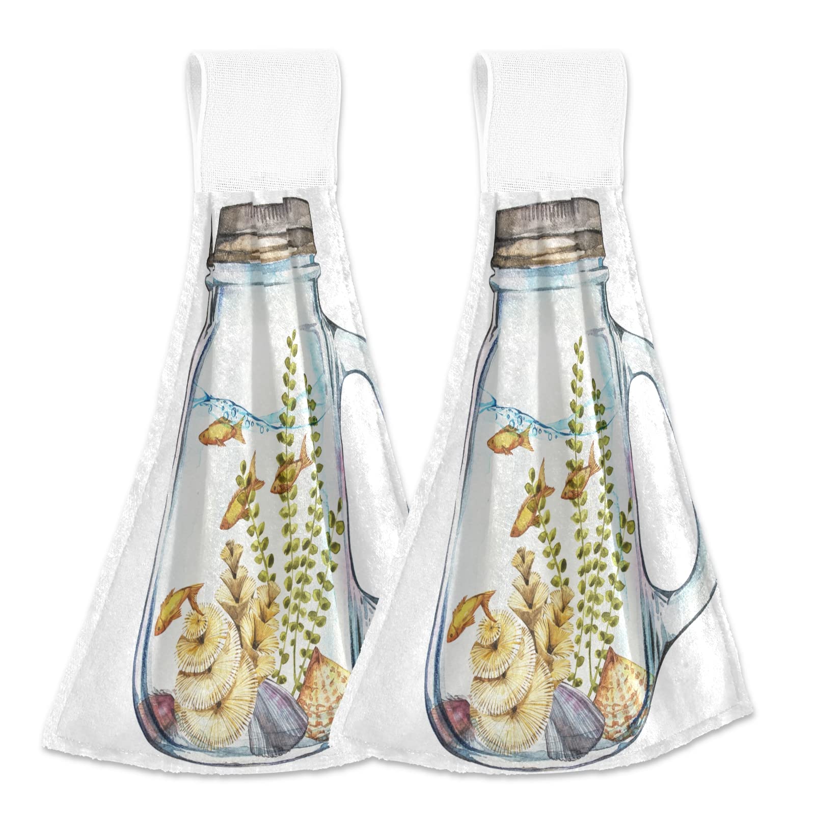 Photo 1 of 2 Pack Fingertip Towel with Hanging Loop Printed Vintage Decorative Drying Hand Towels for Bathroom, Small Microfiber Kitchen Towels 14 x 18 Inches Marine Life Landscape 03 Small