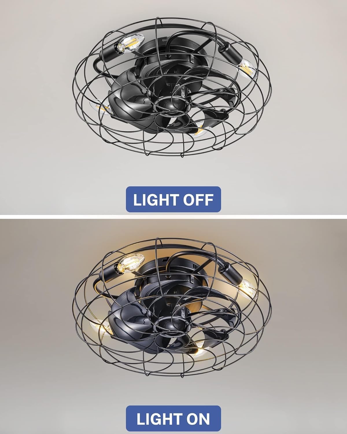 Ceiling Fan with Lights, 18 Inch Caged Ceiling Fan Lights Remote Control Small Industrial Ceiling Fan Light Fixture Flush Mount Farmhouse Light 6 Speeds Bladeless Lights for Bedroom Kitchen