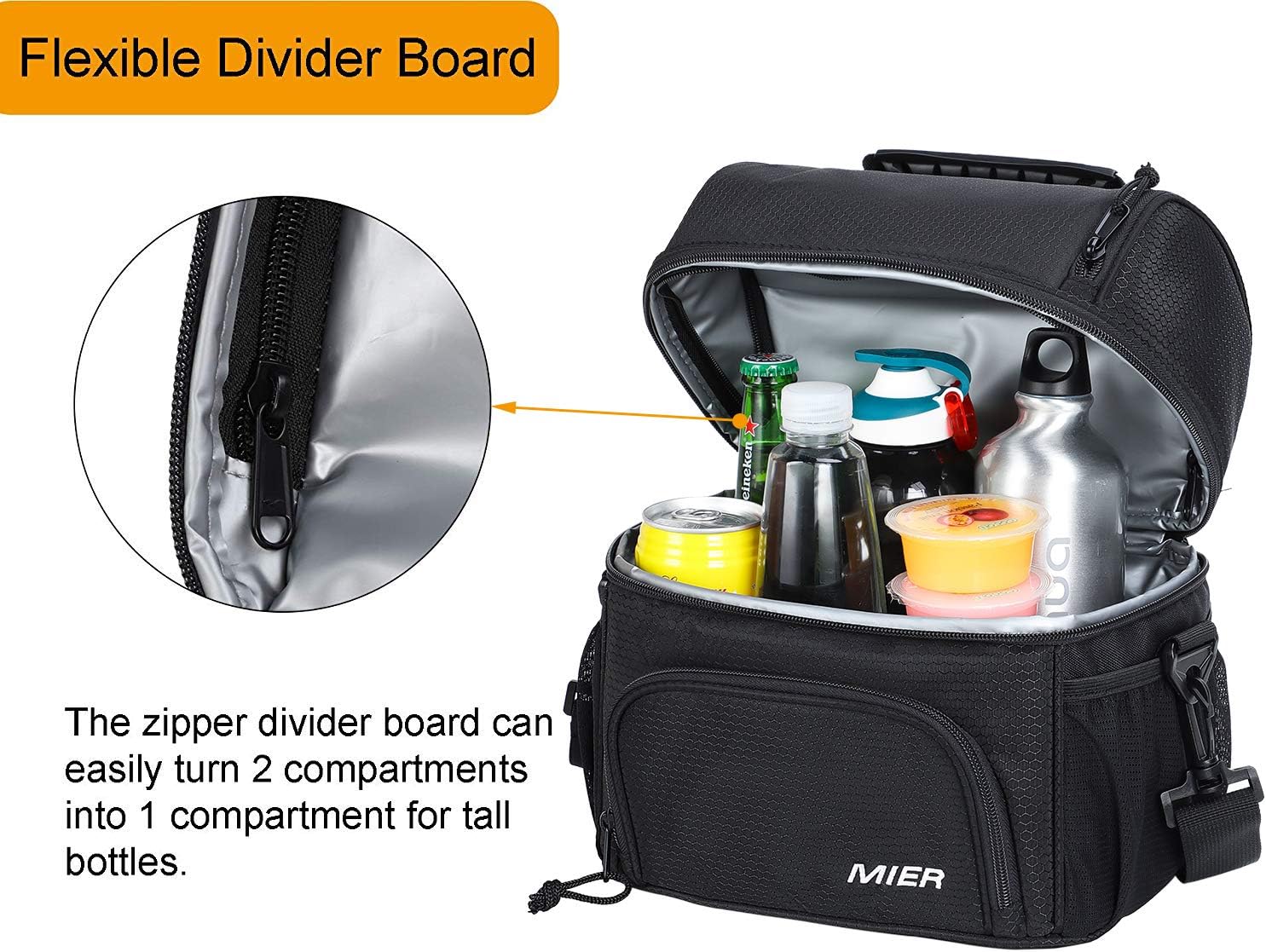 MIER Insulated Lunch Bag Tote for Women Men 2 Compartment Reusable Soft Cooler Bag for Work, School, Medium, Black