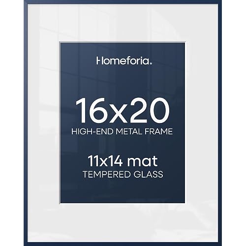 Homeforia 16x20 Navy Blue Picture Frame, High End Metal 16x20 Poster Frames with Mat 11x14 inch Photo, 16 x 20 Navy Blue Frame Matted to 11 by 14 Print, 20x16 Frame, Tempered Glass, Wall Kit, Set of 2
