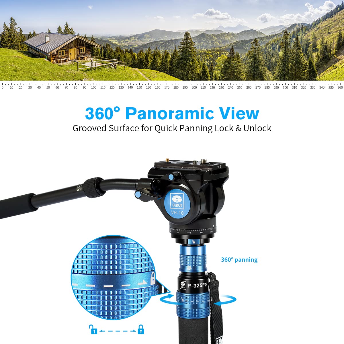 SIRUI P-325FS Monopiede in Fibra di Carbonio con Piedini per Fotocamera, Portatile Mnopiede Fotografico Professionale a 5 Sezioni con Testa Video Fluida VH-10 per Videocamera, Carico Massimo 10kg