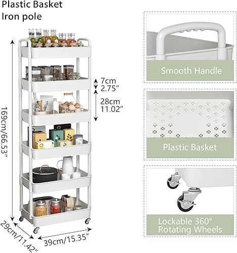 Miniatura 4 de Sywhitta - Carrito rodante de utilidad de plástico de 6 niveles con asa, carrito de almacenamiento multifuncional para oficina, sala de estar