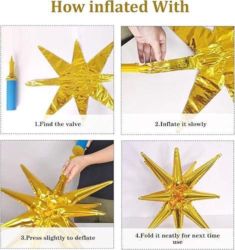 Miniatura 4 de 6 globos de papel de aluminio con forma de estrella, de una sola pieza, globos de estrella de 14 puntas 4D, conos de estrella de Mylar de 22