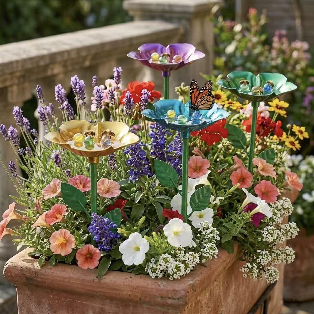 8 Pack Bee Watering Station, Bee Bath Cups with Landing Marbles, Pollinator Water Feeder, Butterfly Feeder, Bee Cups for Garden, Outdoor Yard Decor (Blue, Green, Purple, Yellow)