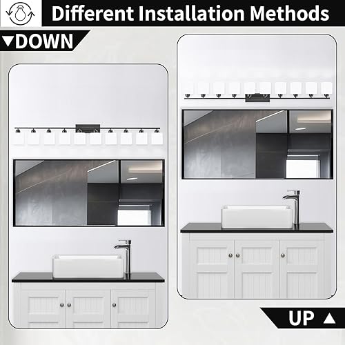 Miniatura 4 de 10 luces negras claras para espejo gigante, luces de tocador de baño sobre espejo con pantallas de vidrio esmerilado blanco lechoso, lámpara de baño
