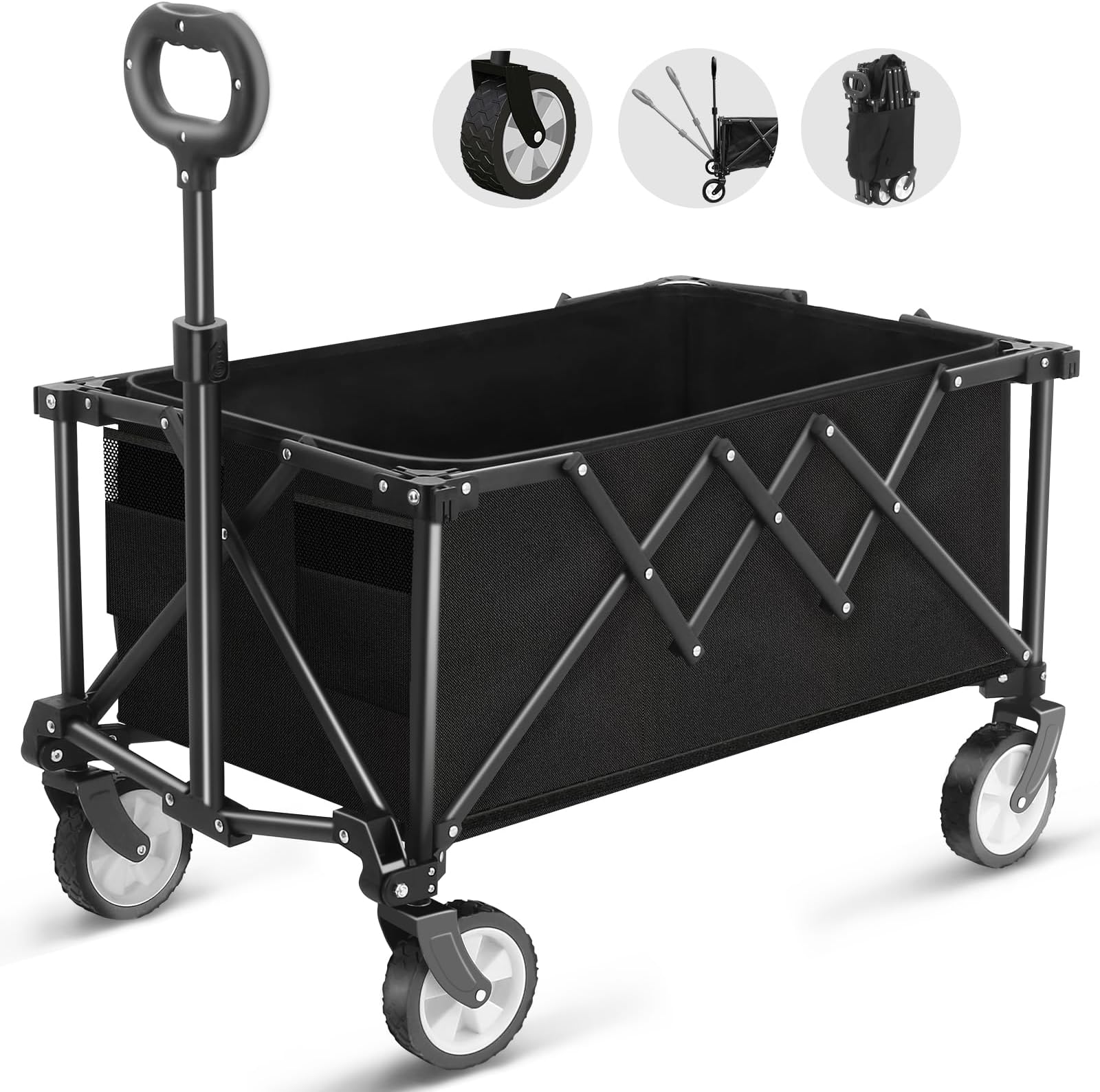 Folding Trolley Cart, Foldable Wagon Cart with Adjustable Handle, Utility Outdoor Garden Trailer for Camping, Picnic, Shopping, Move