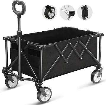 Folding Trolley With Wheels,Folding Wagon 100L Capacity All Terrain Wheels with Adjustable Handle & Cover Bag, Picnic Transporter for Holiday Shopping Outdoor Camping Garden Beach Black