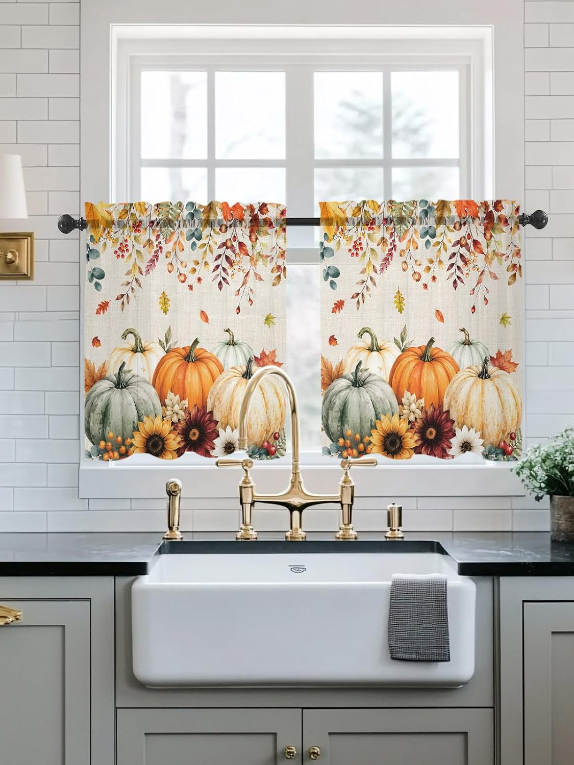 Thanksgiving Sheer Kitchen Tier Curtains 24 inch length,Fall Green Orange Pumpkin Small Half Curtains,Vintage Leaves Flroal Rod Pocket Valance Short Cafe Bathroom Window Treatments 27.5"x24" 2 Panels