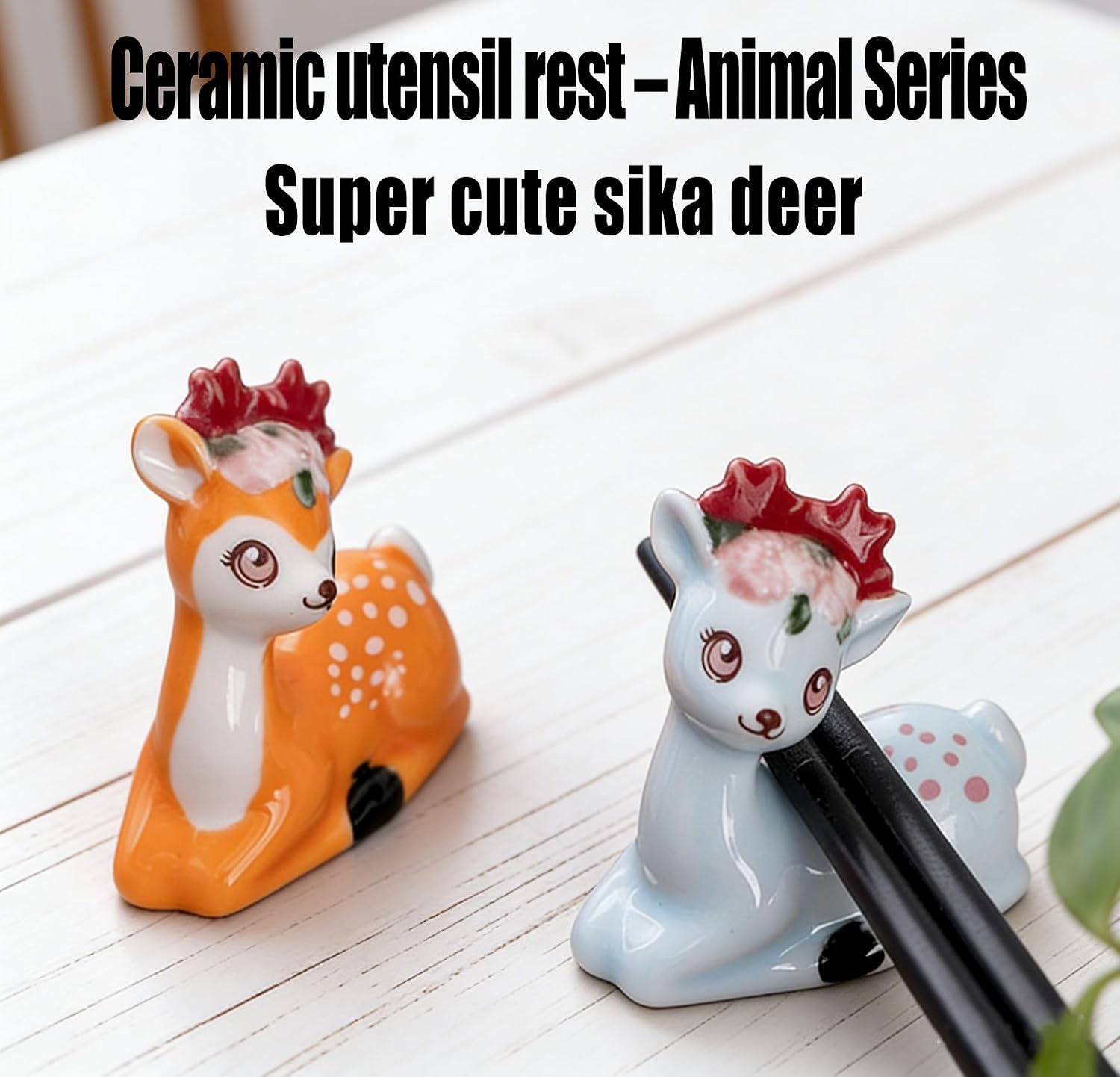 Cute Sika Deer Ceramic Utensil Rest Set of 4 – Chopstick Rest and Spoon Holder, Perfect for Christmas Gifts, Kitchen and Dining Table Decoration