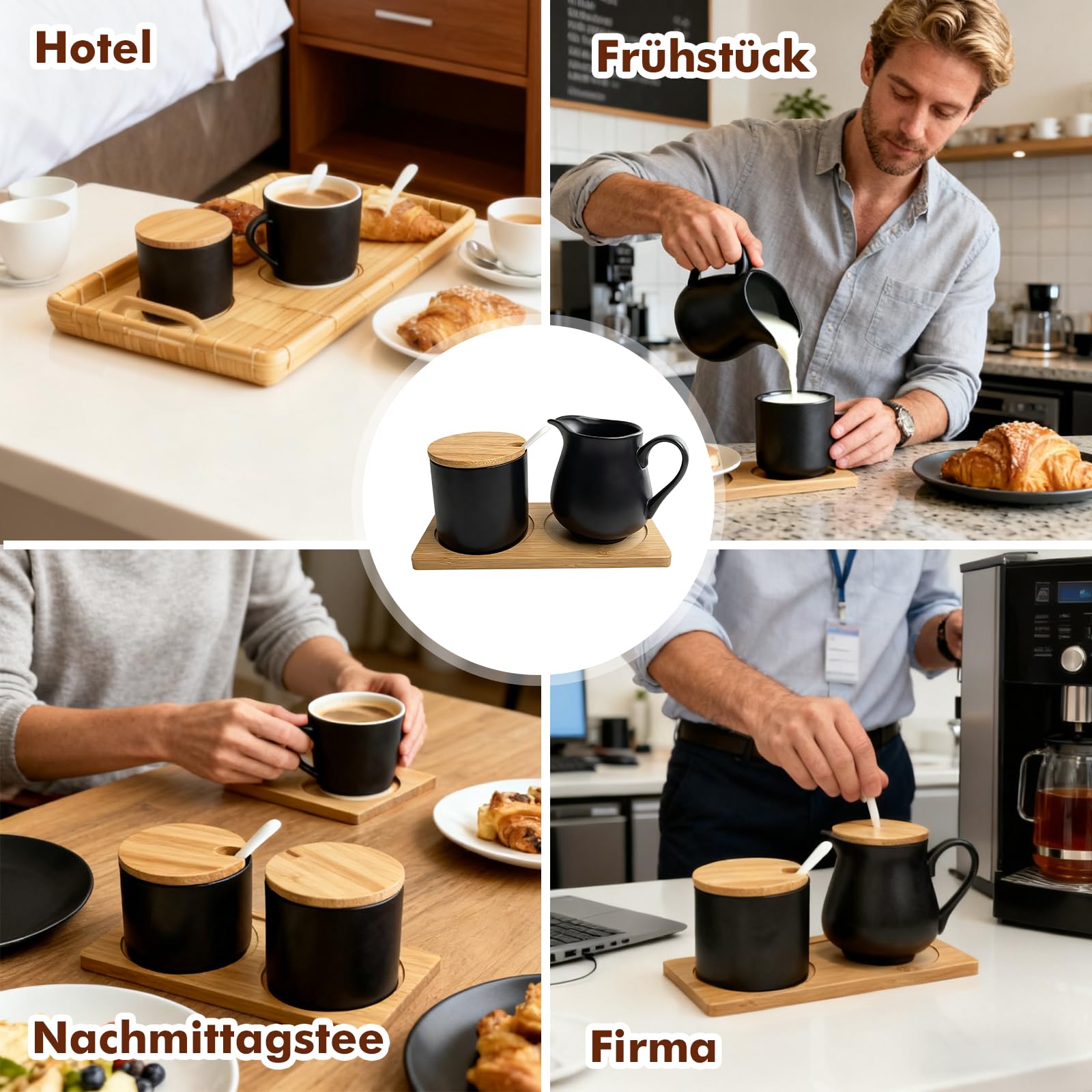 Set di latte e zucchero con coperchio e cucchiaio, in ceramica, con coperchio in bambù e zuccheriera, incluso vassoio in legno, lavabile in lavastoviglie, ideale per caffè, tazze da cappuccino e
