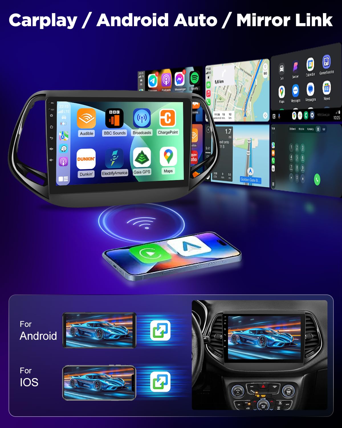 NHOPEEW Autoradio 8 Core 6+128G Android per Jeep Compass 2017-2019 con Carplay wireless e Android Auto DSP Wifi GPS Comandi al volante Vista panoramica a 360