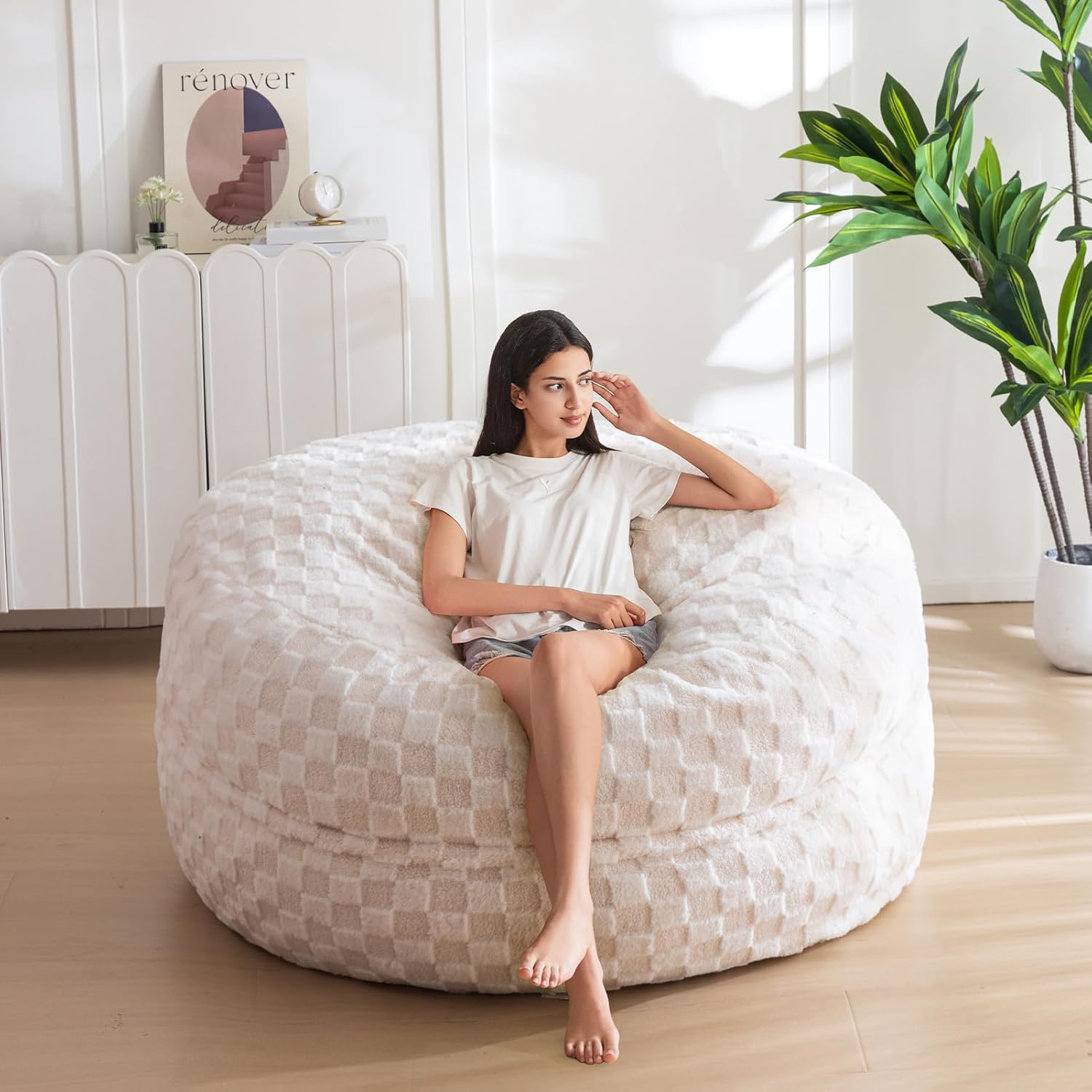 MAXYOYO Bean Bag Chair for Adults, Large 4 ft Bean Bag Chair with Foam Filling, Ultra Soft Fur Lazy Sofa for Living Room Bedroom, Machine Washable Cover