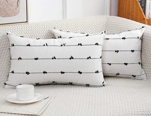 Juego de 2 fundas de almohada bohemias de 18 x 18 pulgadas, modernas, rústicas, decorativas, de lino, para sofá, cama (20 x 20 pulgadas, línea caqui)