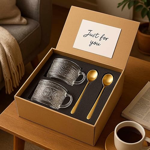 Miniatura 7 de JBHO Tazas de café de vidrio vintage de 14 onzas, 4 tazas de vidrio transparente en relieve con tapas y cucharas de bambú, regalos para mujeres,