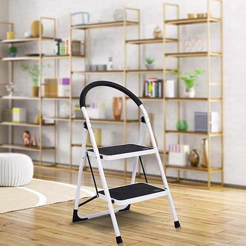 Miniatura 2 de Escalera de 2 escalones con empuñadura, plegable y resistente, con plataforma de pie ancho para el hogar, cocina, capacidad de 330 libras