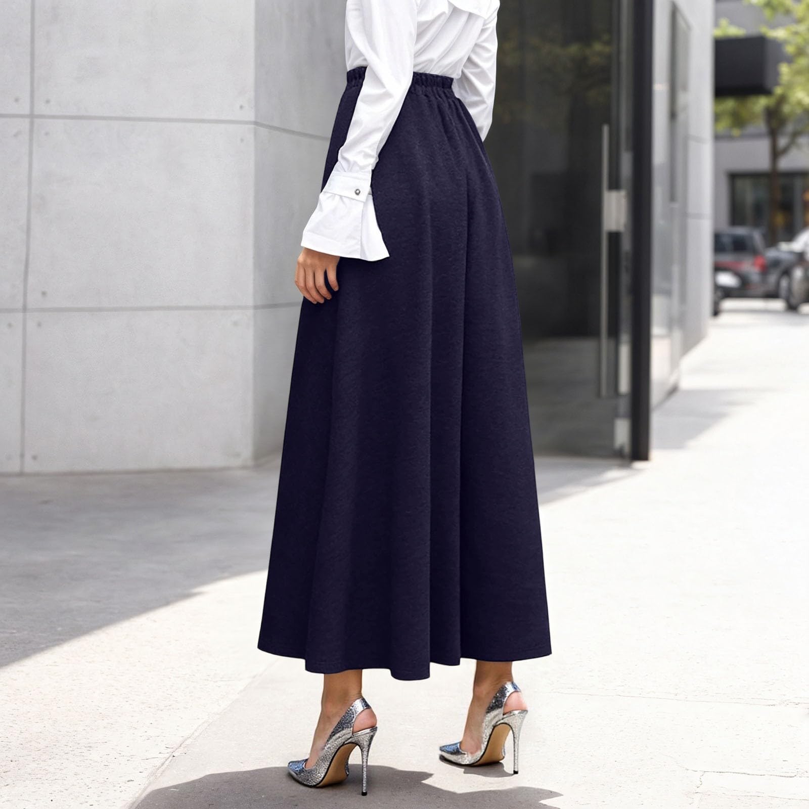 Jupe midi plissée taille haute en tissu mélangé, ligne A, évasée, oscillante, chaude pour l'hiver, structurée, élégante, festive, jupe longue avec poches