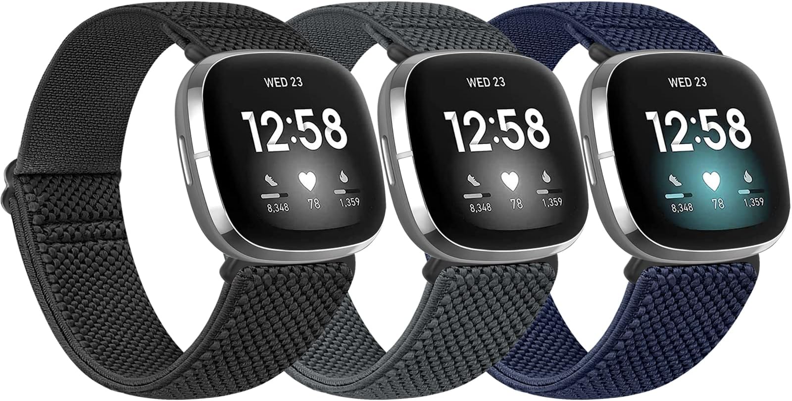 3 Pack Elastic Nylon Watch Bands Compatible with Fitbit Versa 4/Versa 3/Sense 2/Sense, Soft Adjustable Breathable Fabric Stretchy Replacement Wristbands for Women and Men