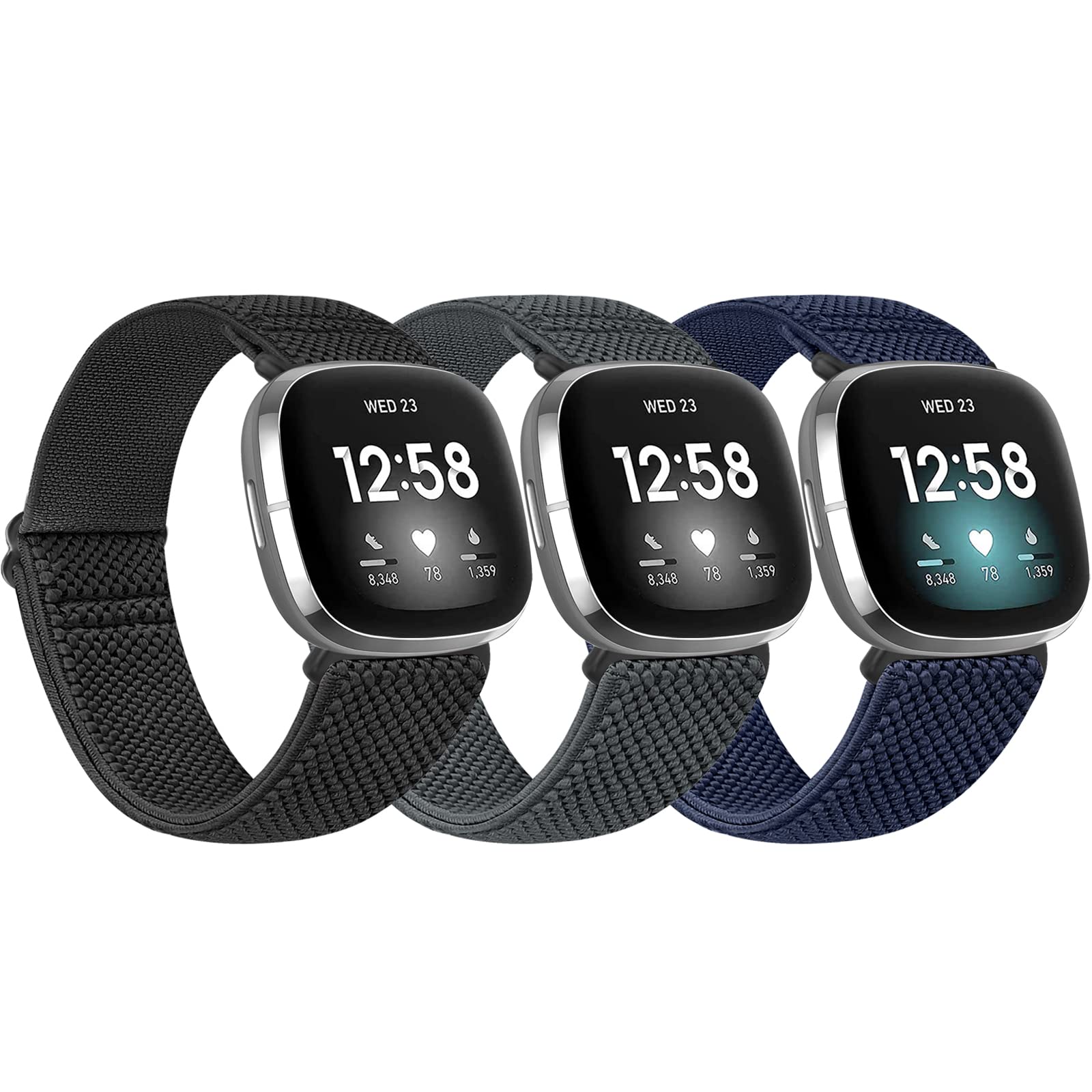 3 Pack Elastic Nylon Watch Bands Compatible with Fitbit Versa 4/Versa 3/Sense 2/Sense, Soft Adjustable Breathable Fabric Stretchy Replacement Wristbands for Women and Men