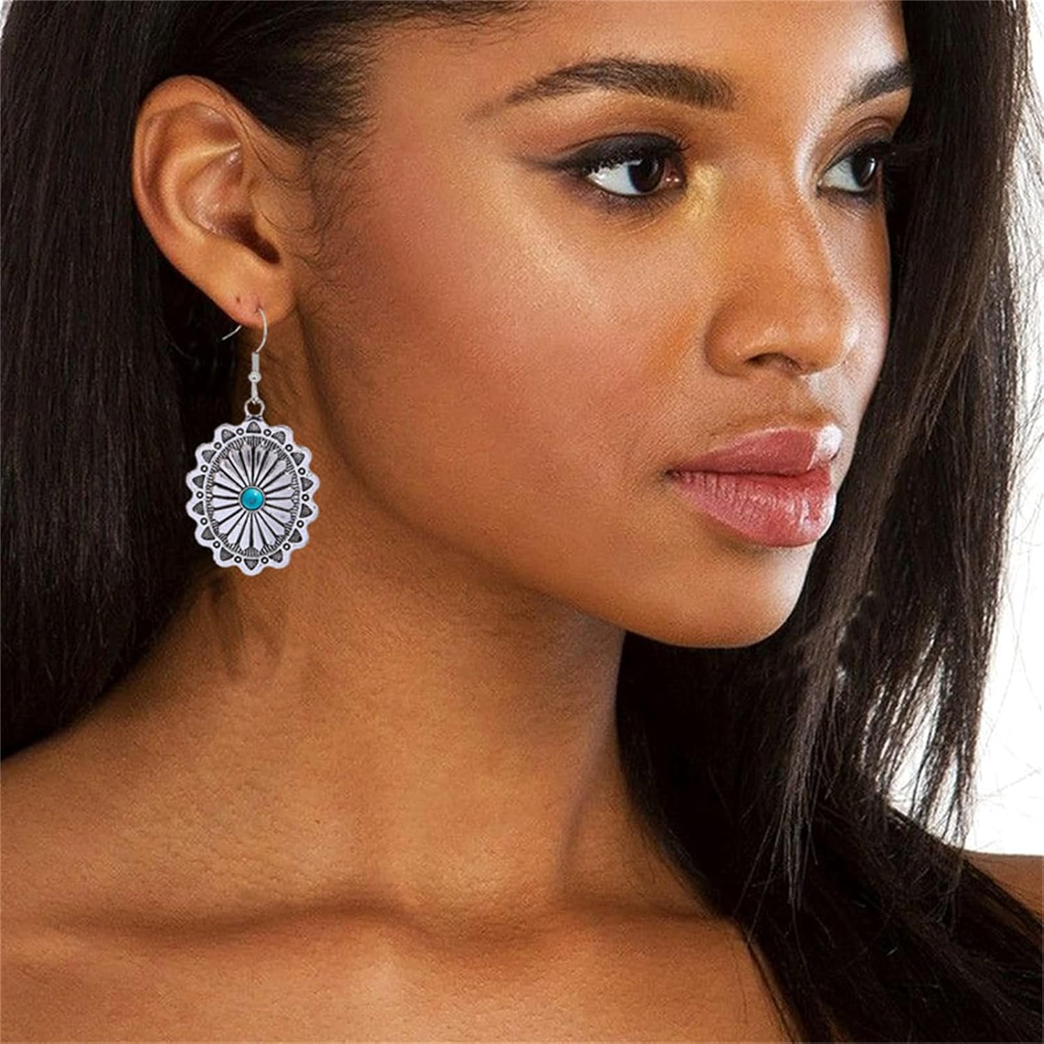 Dreuyet 2 Pairs Western Earrings for Women Vintage Rustic Couture's Cowgirl Oval Turquoise Dangle Earring Concho Dangling Earrings Country Concert Outfits Statement Jewelry - Image 5