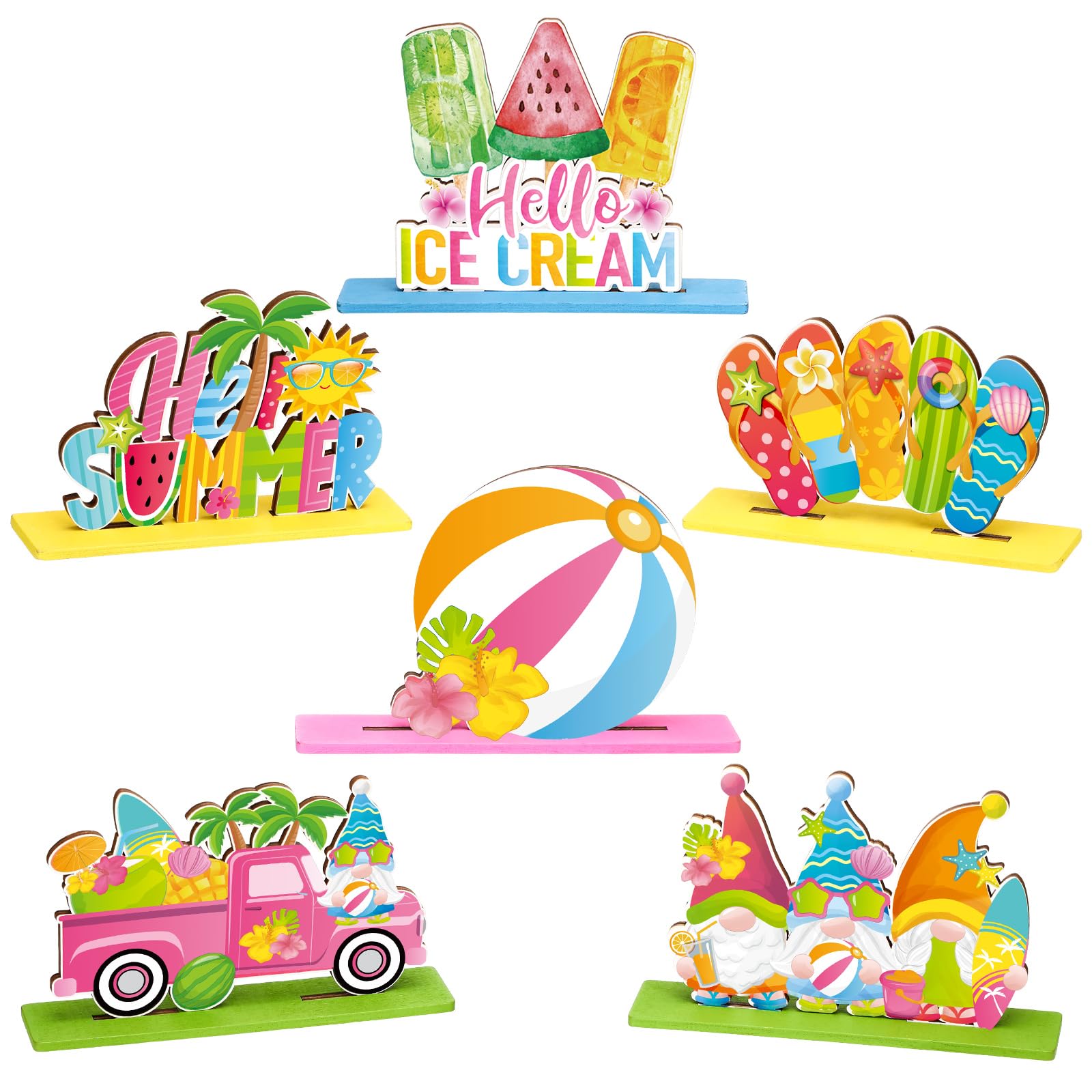 Bememo 6 Pcs Hello Summer Table Decorations Sign Summer Gnome Wooden Table Centerpieces Beach Hawaii Table Decor Ice Cream Colorful Table Topper Sign for Summer Pool Tropical Party Supplies