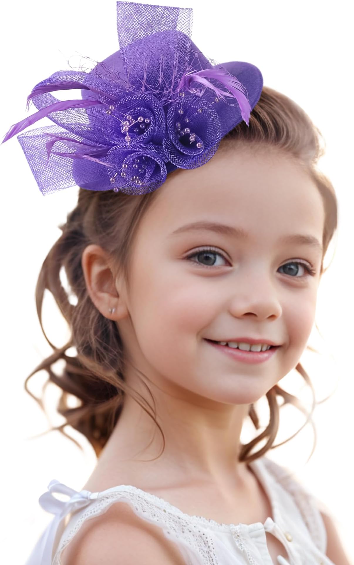 Zinniday Girls Mini Fascinators Hats - Purple Top Kentucky Hat with Hair Clip Veil 2026 Feather Derby Cap Small Church Victoria Fascinator for Little Girl Tea Party Renaissance Masquerade Dress Up