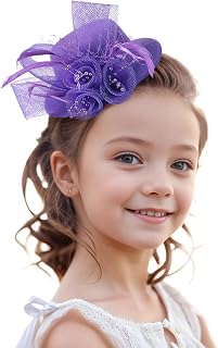 Zinniday Girls Mini Fascinators Hats - Purple Top Kentucky Hat with Hair Clip Veil 2026 Feather Derby Cap Small Church Victoria Fascinator for Little Girl Tea Party Renaissance Masquerade Dress Up