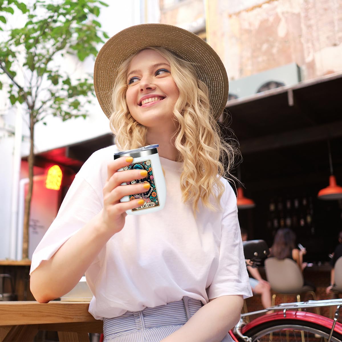 Funny Cat Lady Skeleton Wine Tumbler, Sarcastic Skull Gothic Witch Stuff Goth Witchy Gifts for Women Cat Lover Birthday Christmas Coffee Cup Insulated Stainless Steel 12oz Wine Glass with Lid, Straw - Image 3