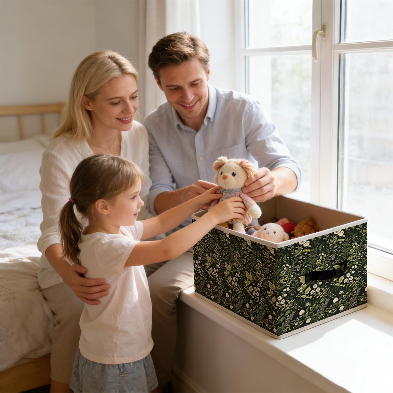 Foldable Fabric Storage Cubes Organizer - Sage Green Floral Pattern Collapsible Storage Cubes with Handles for Shelves, Decorative Collapsible Baskets for Organizing Clothes Toy Nursery Dorm 538 image 4
