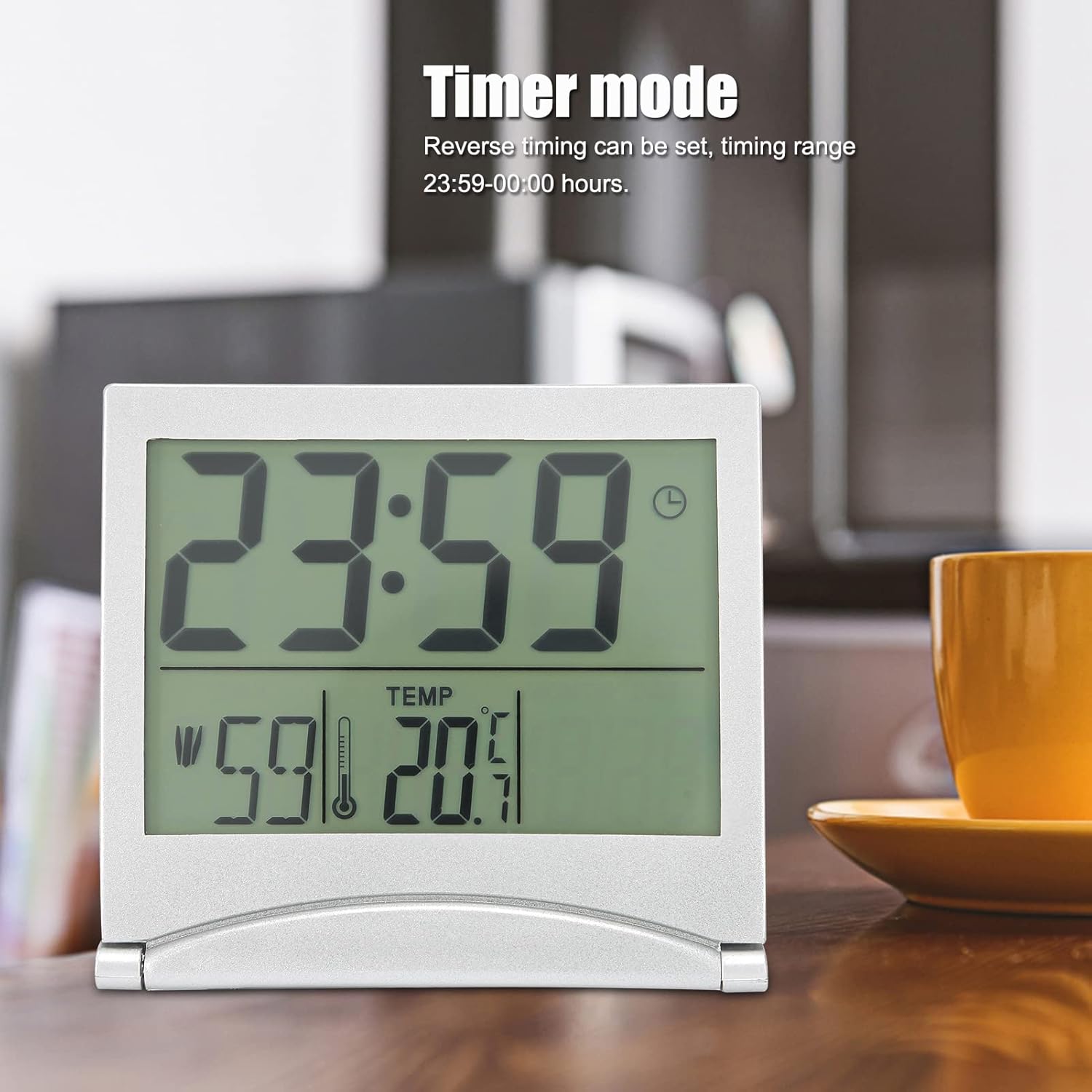 Akozon Atomic Alarm Clock displaying 23:59 in timer mode with temperature 20.1 degrees Celsius.