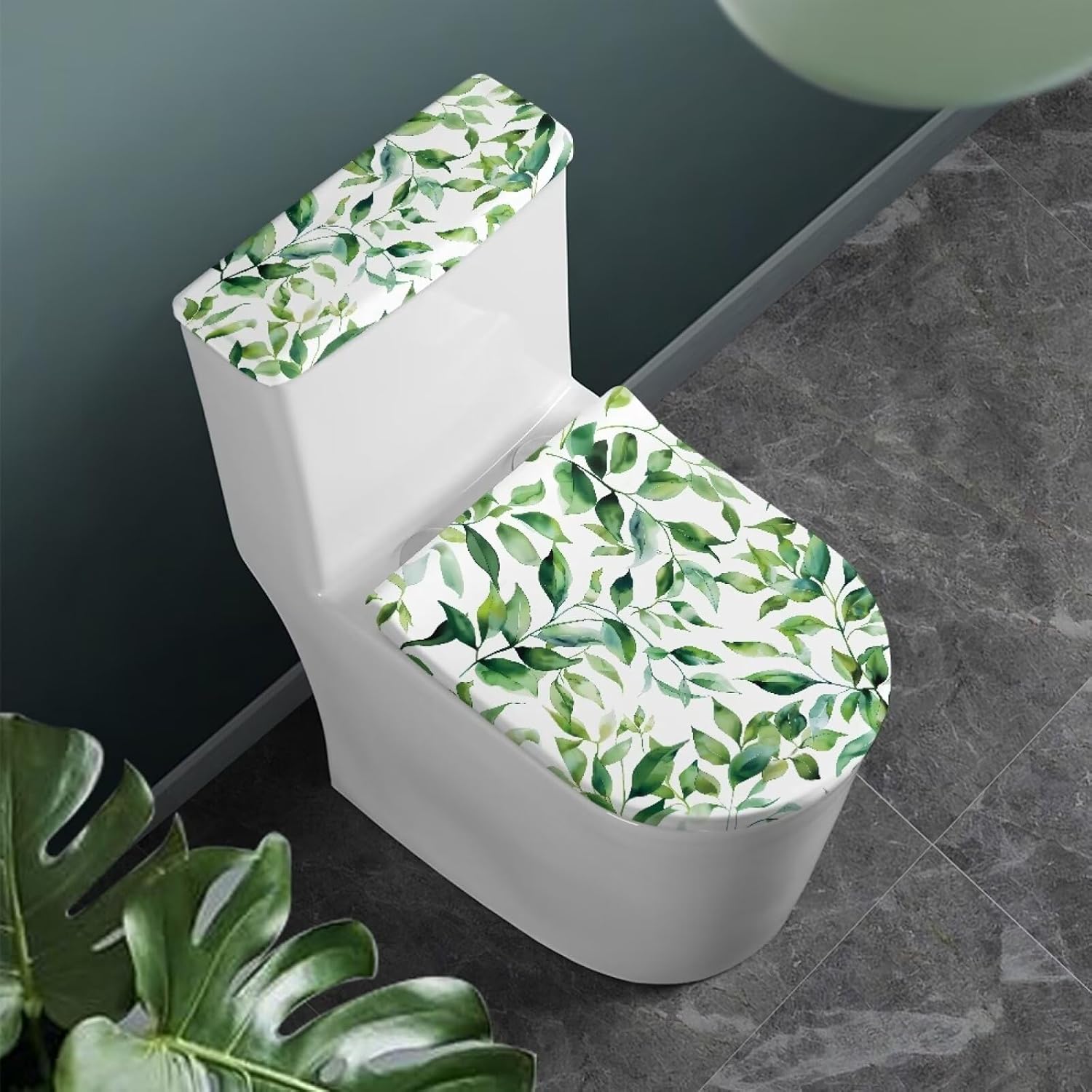 Green Toilet Seat Cover Leaves Toilet Tank Cover Set 2 Piece Comfortable Round Oval Elongated image 2