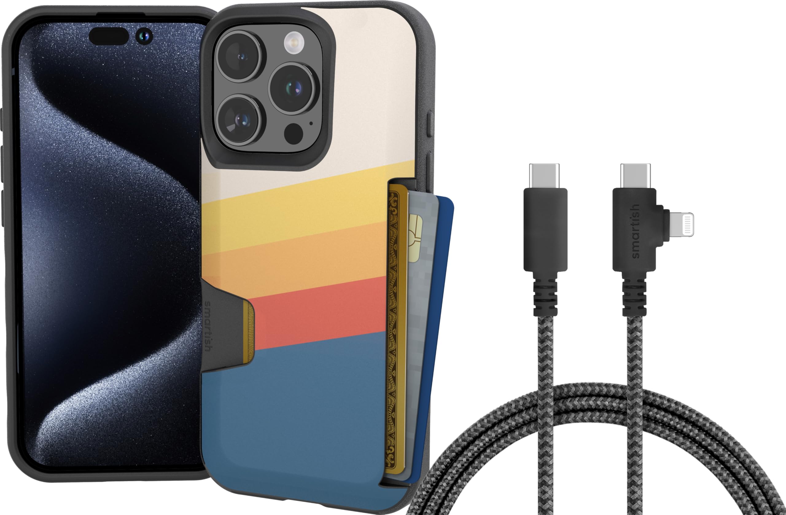 Smartish iPhone 16 Pro Wallet Case + USB C Lightning Cable Combo - 6 Foot Fabric Wrapped Fast Charging Cable + Hidden Card Slot Cover Compatible with Apple iPhone 16 Pro