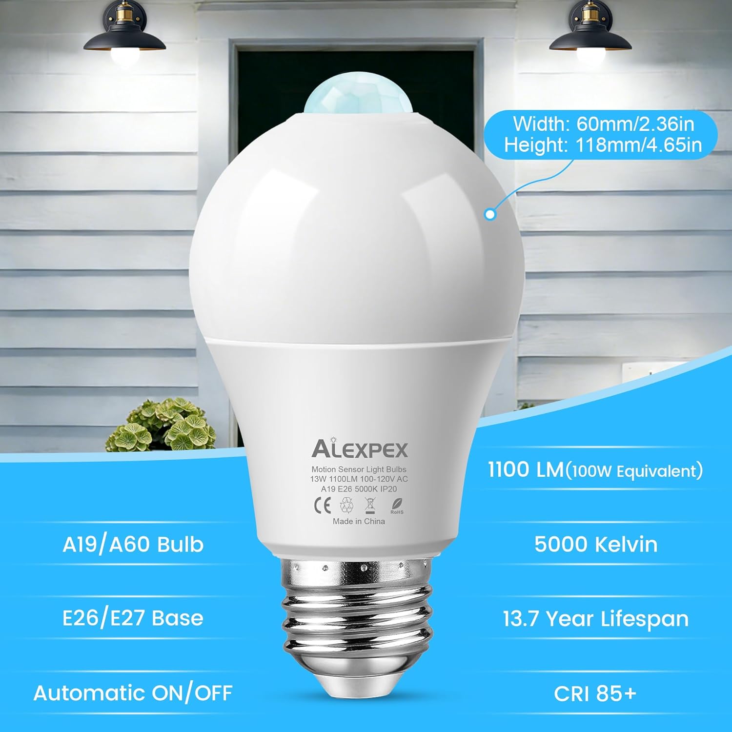 Motion Sensor Light Bulbs, 13W(100W Equivalent) 1100lm Motion Activated Auto Dusk to Dawn LED Bulb, A19 E26 5000K Daylight Outdoor/Indoor Lighting for Garage Porch Stairs Patio, 4 Pack