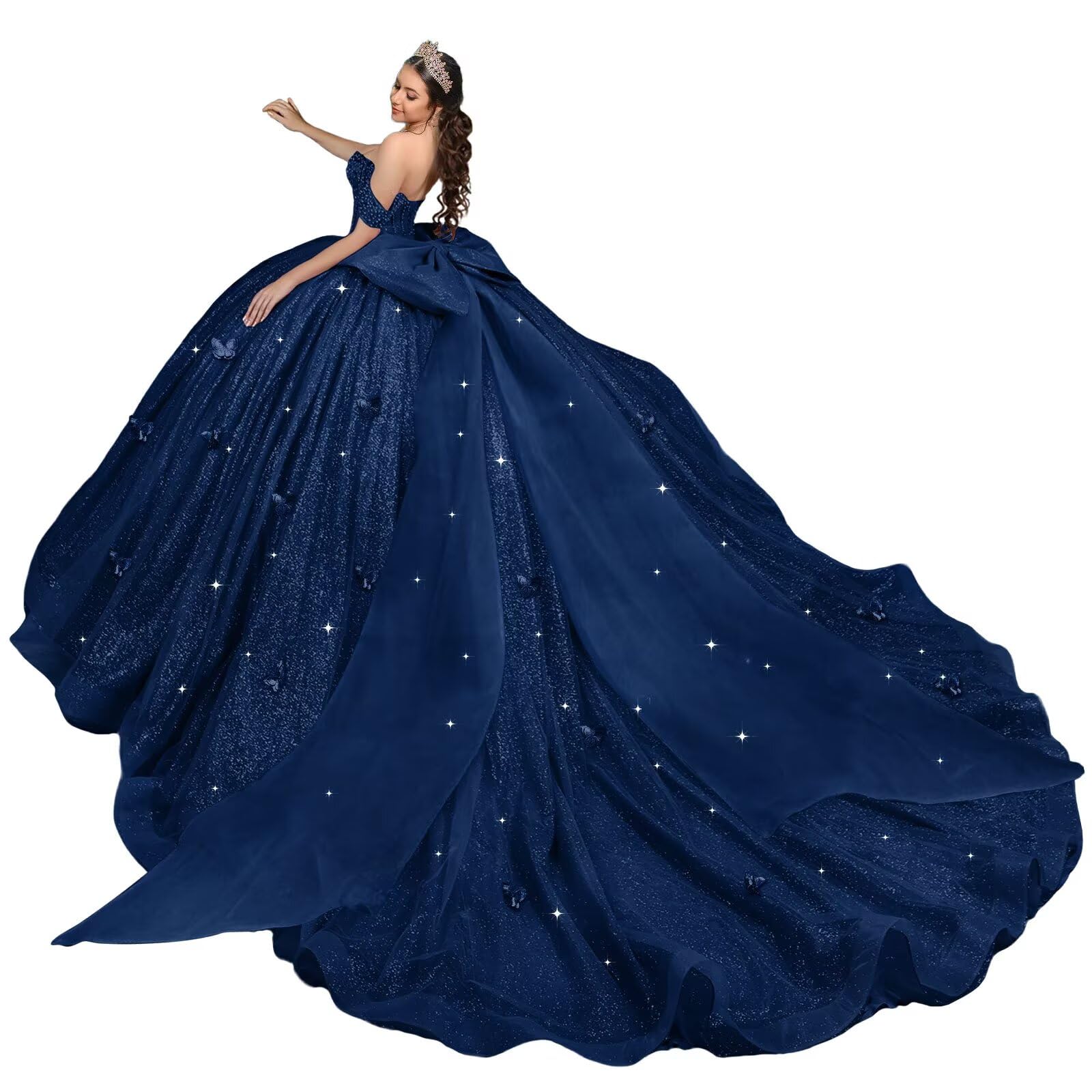 Mouccy Beaded 3D Butterfly Quinceanera Dresses with Train Off Shoulder Sweet 16 Dress Puffy Tulle Prom Dresses Long Ball Gown