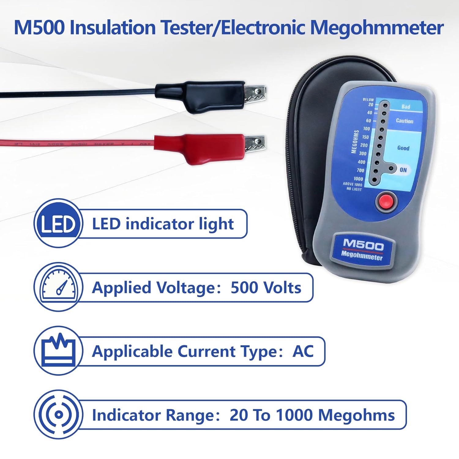 M500 Insulation Tester MEGOHMMETER, Compatible with Supco M500 Electronic Megohmmeter, Multimeter Tester, Compressor Tester HVAC, Battery Operated, 1000 Megohms at 500 Volts, with Soft Carrying Case - Image 4