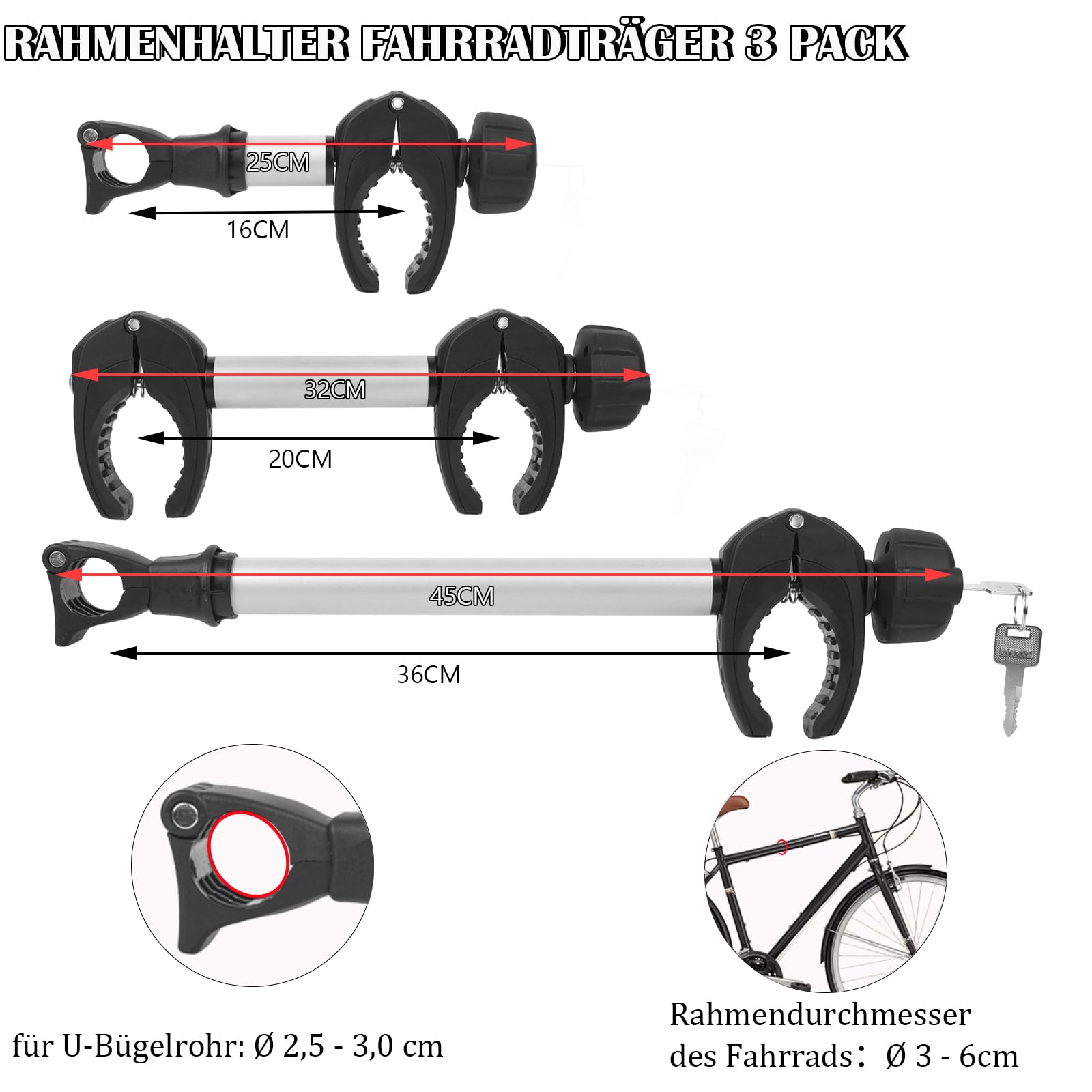 Support de Cadre Universel pour Porte-vélos avec 3 Longueurs (25 cm + 32 cm + 45 cm), Verrouillable, en Aluminium pour Tube en U : Ø 2,5-3 cm