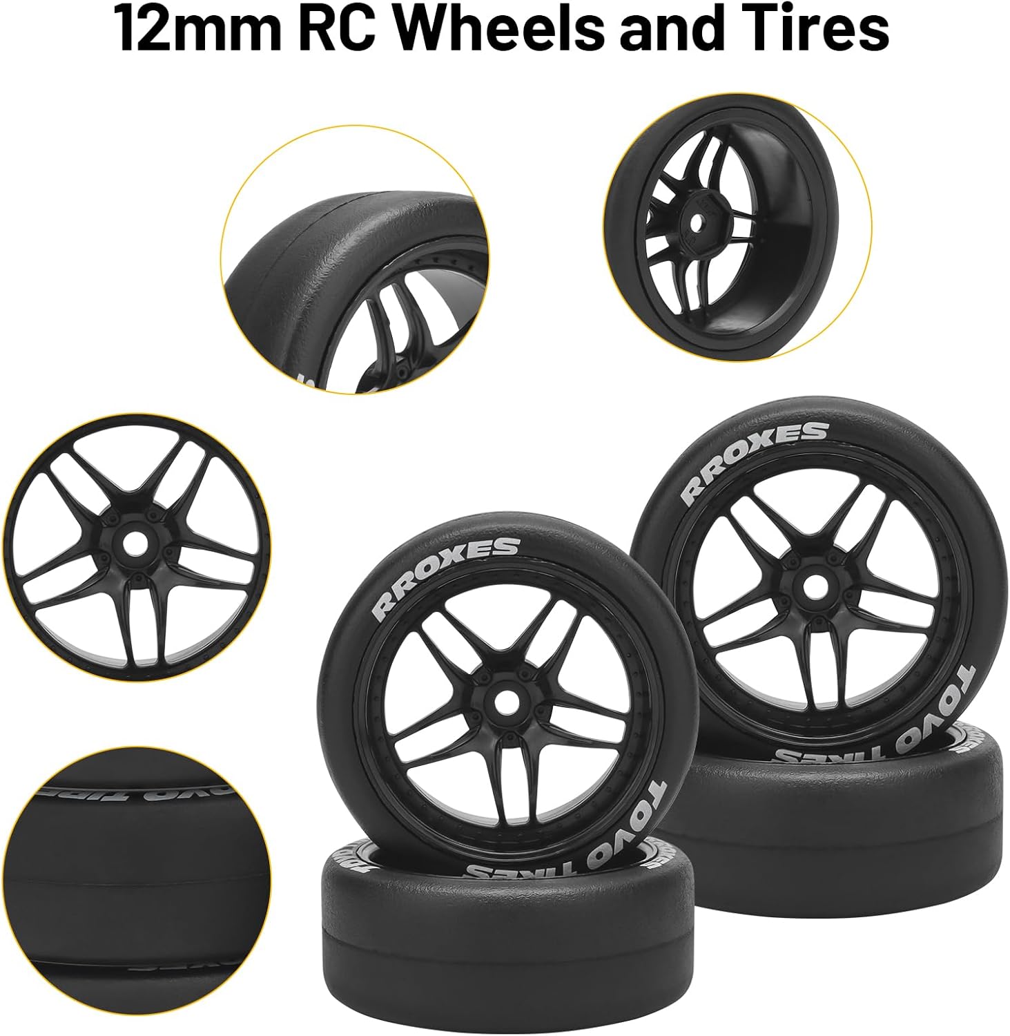 1/10 RC Drift Tires, daitoku 12mm RC Rally Racing Tires and Wheels for Tamiya Traxxas HPI KYOSHO XV02 XV01 TT01 TT02 PTG2 A959 - Style C (Black)
