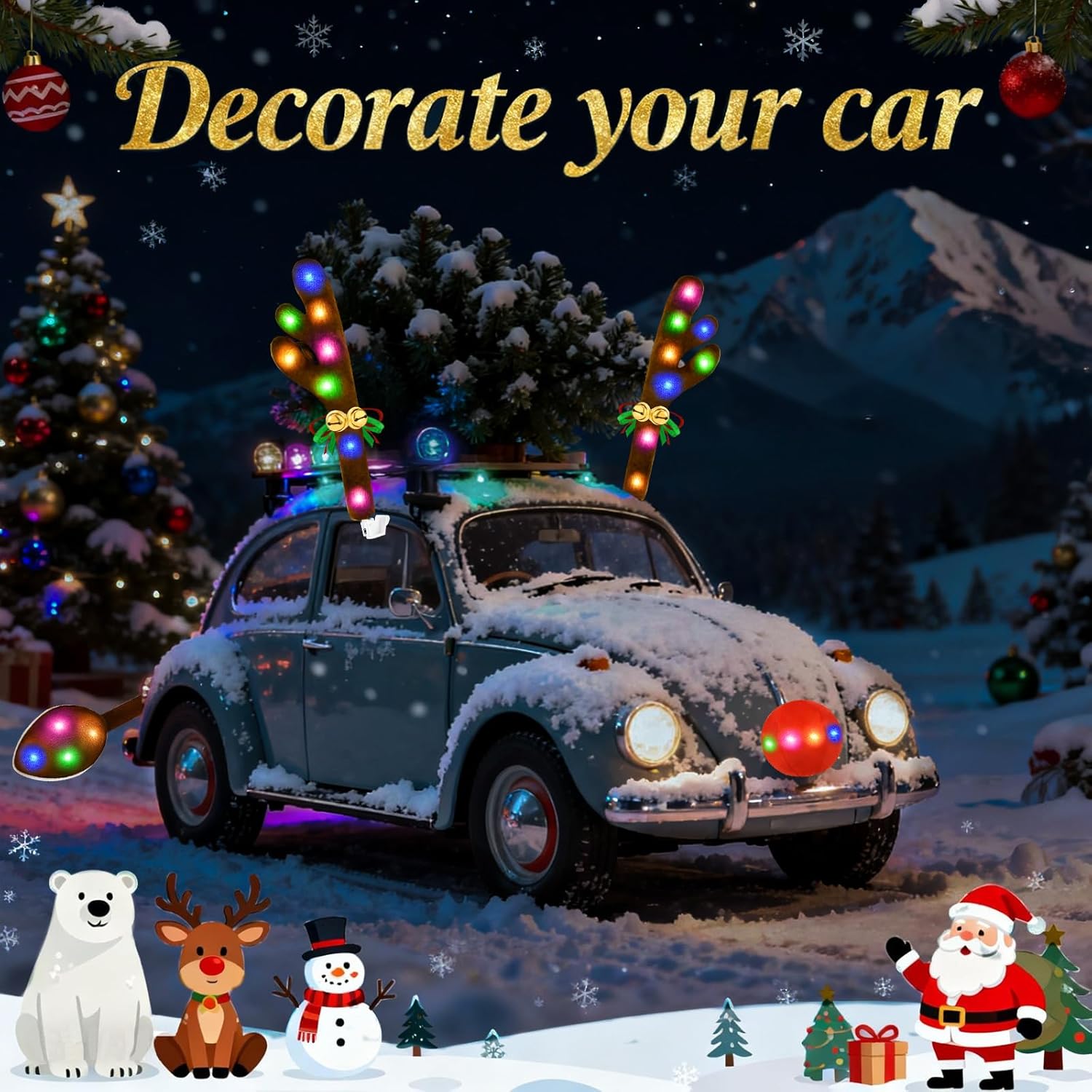Christmas Car Decorations Reindeer Car Kit Antlers with Lights, Jingle Bells Rudolph Reindeer and Nose, Tail Cute Costume Auto Accessories for Trunk Vehicles SUV Antenna Toppers Multicolor